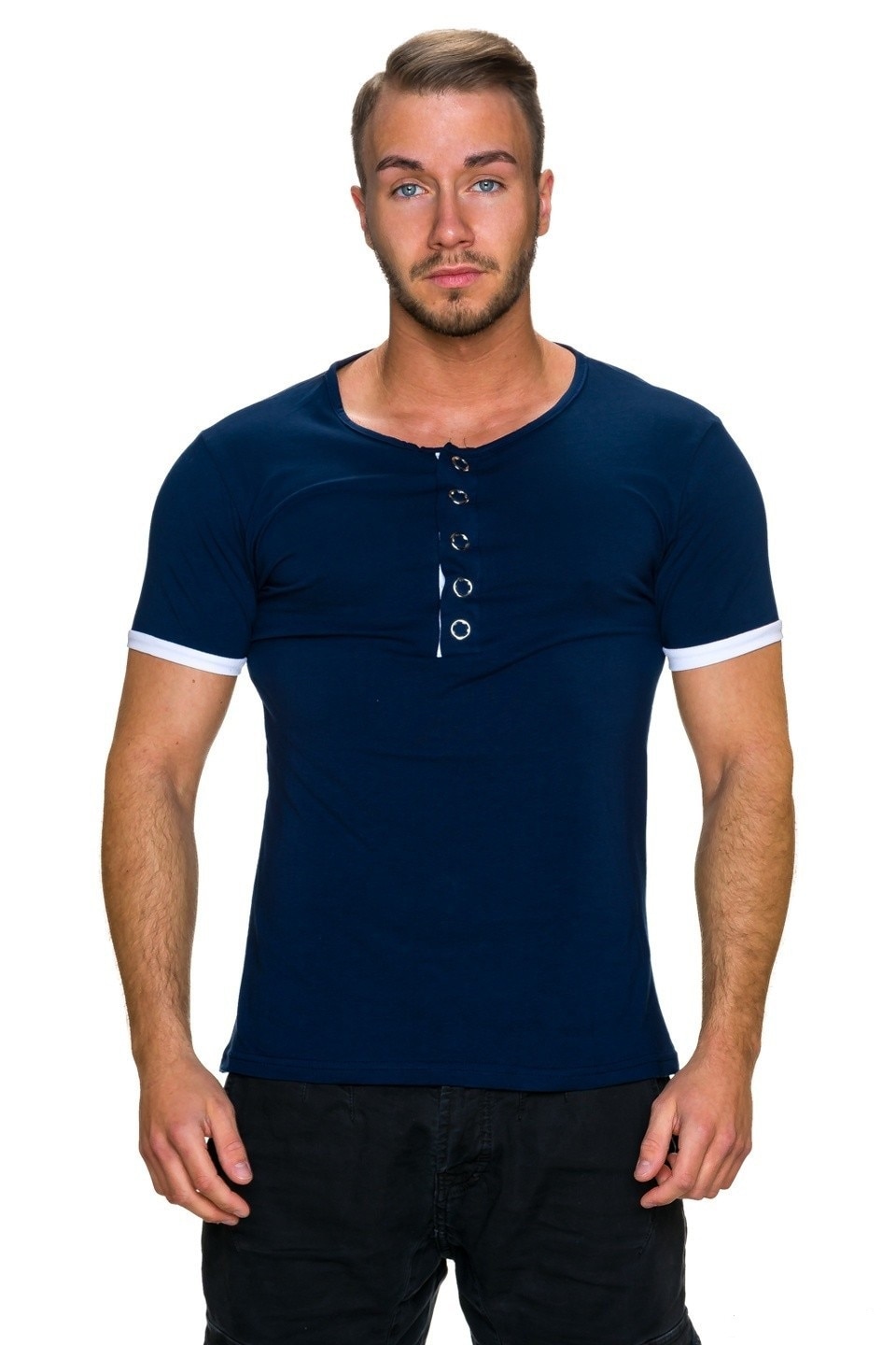 Tricou barbati cu tiv rulat si capse decorative, Albastru