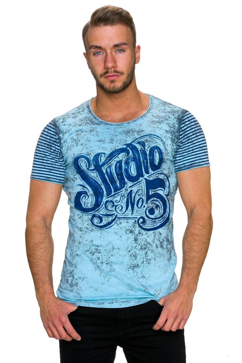Tricou cu maneci scurte si imprimeu acid wash, turcoaz, Turcoaz