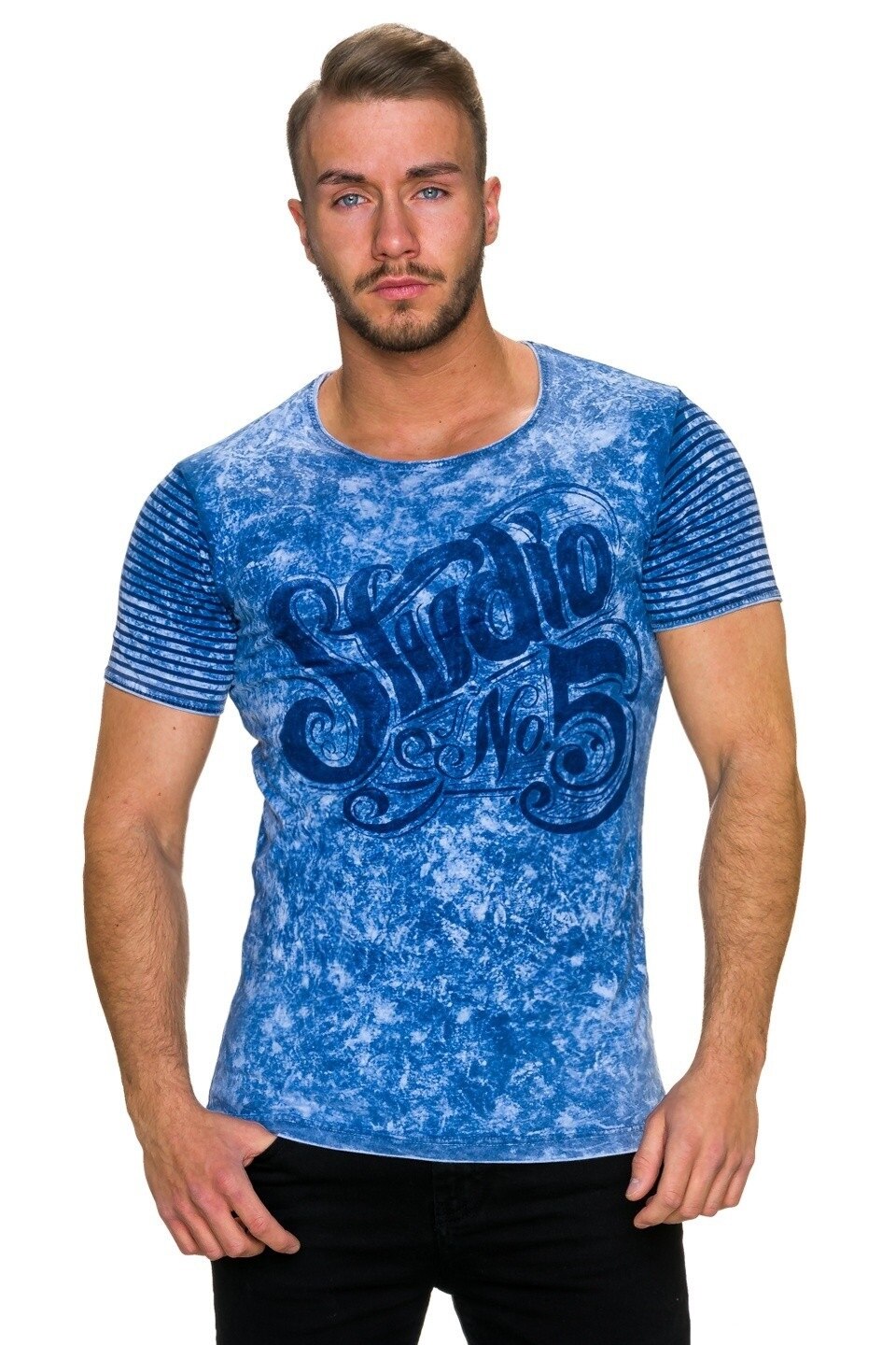 Tricou cu maneci scurte si imprimeu acid wash, albastru, Albastru
