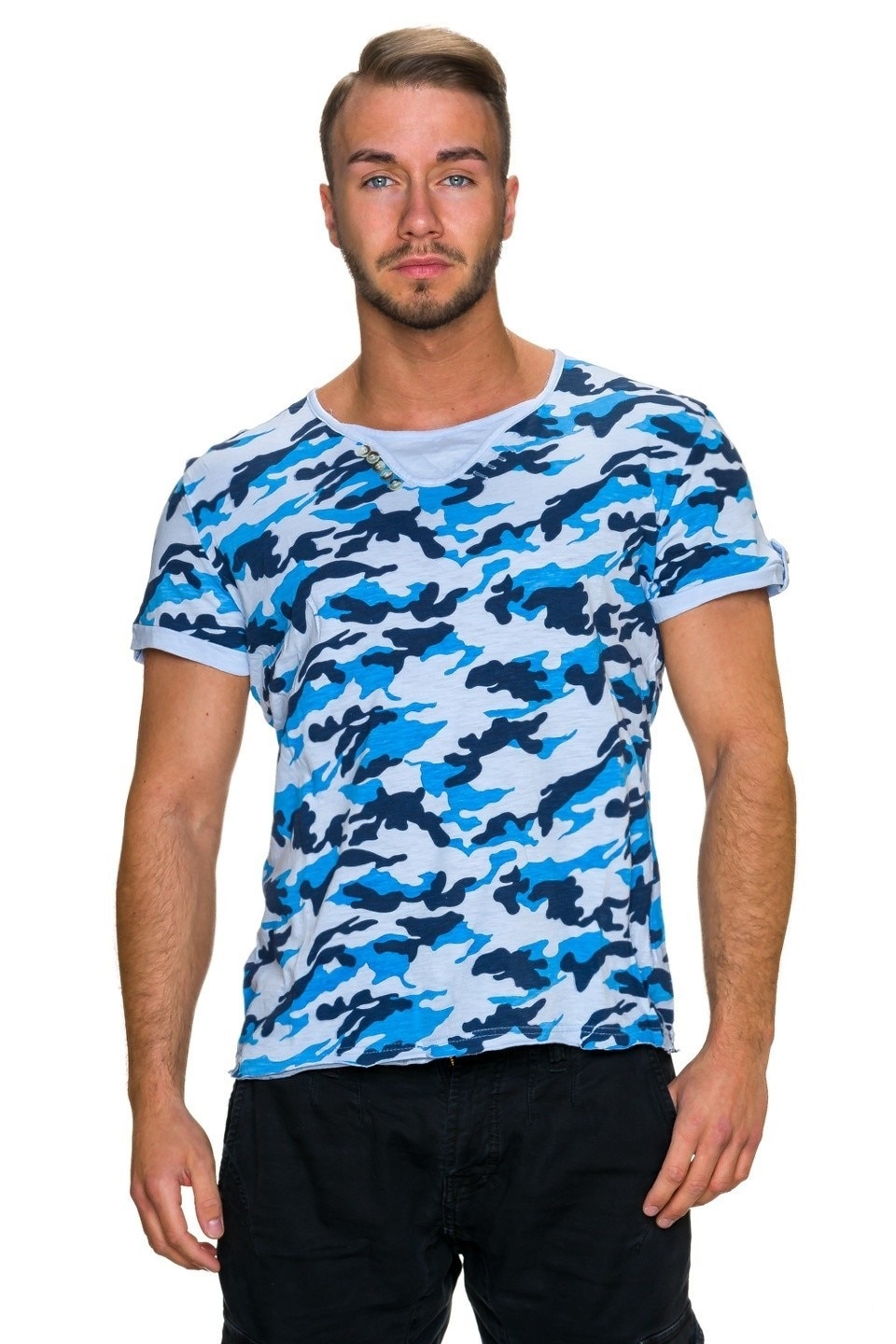 Tricou casual cu imprimeu camuflaj, Albastru