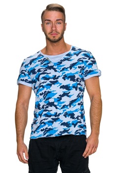 Tricou casual cu imprimeu camuflaj, Albastru Tricou casual cu imprimeu camuflaj, Albastru