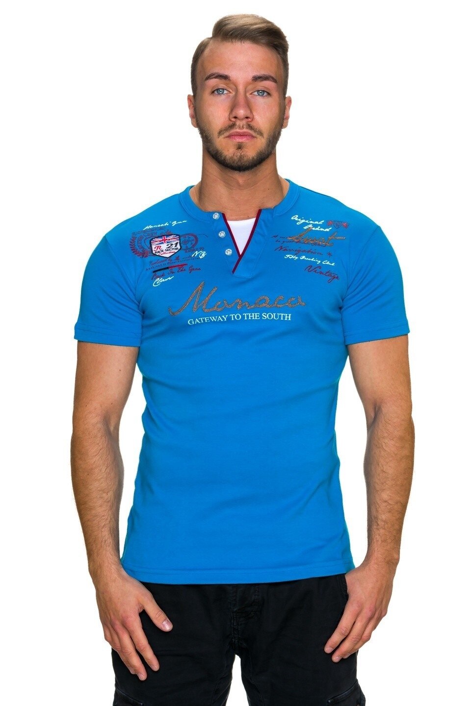 Tricou barbatesc , bleu , imprimat ,cu maneci scurte , marimea M