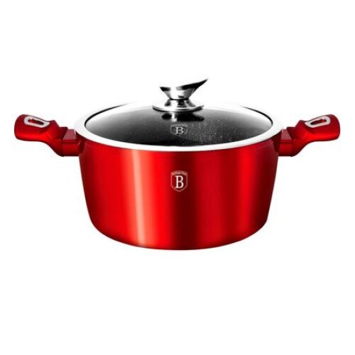 Cratita cu capac 24cm din aluminiu forjat cu interiorul din 3 straturi de marmura Burgundy Metallic Line si set cutite 3 piese