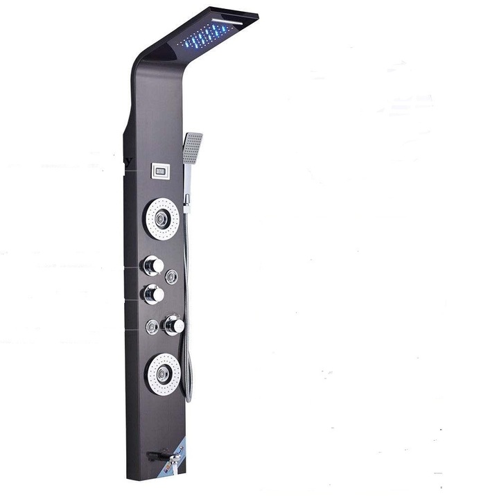 Panel de Dus Multifunctional, Negru(ecran de temperatura), efect de ploaie, sistem de masaj, jeturi SPA, AquaSpa
