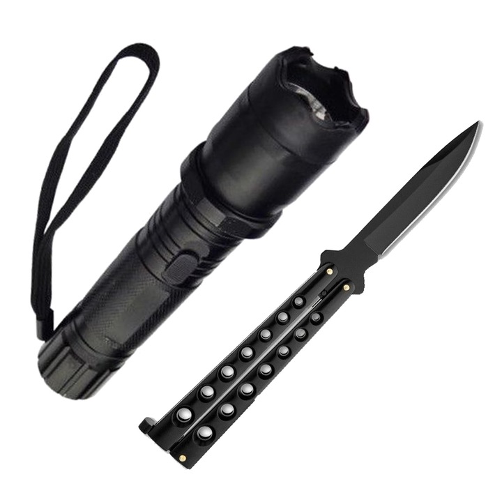 Комплект за самозащита Balisong CS:GO, Фенерче и нож, Черен