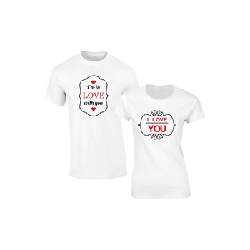 Set de 2 tricouri pentru cuplu albe In love, marimea XL Set de 2 tricouri pentru cuplu albe In love, marimea XL