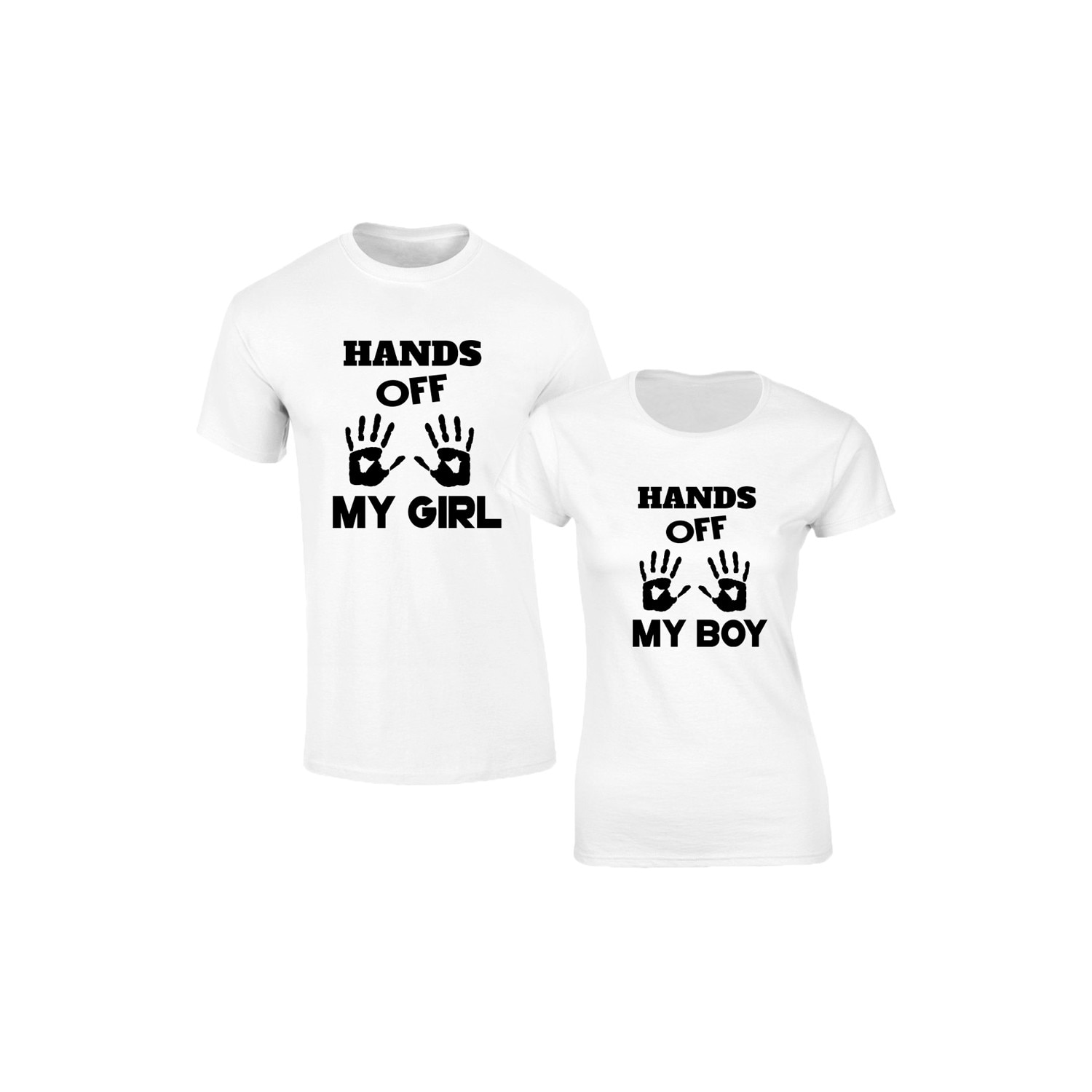 Set de 2 tricouri pentru cuplu albe Hands off, marimea L