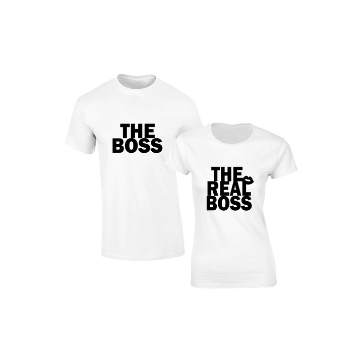Set de tricouri albe cuplu The real boss, marimea XL