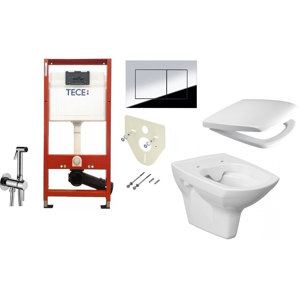 ALL IN ONE Incastrat - TECE + Cersanit Carina CleanON - Cu dus Igienic - Gata de montaj - Vas wc Suspendat Cersanit Carina CleanON + Capac softclose + Rezervor TECE