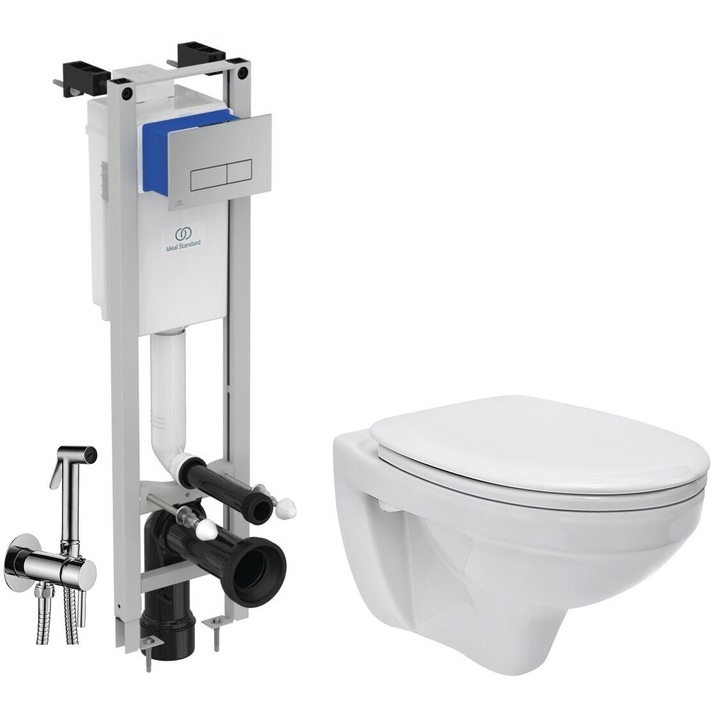 Set 3 in 1 - Ideal Standard + Cersanit Delphi - Cu dus Igienic - Gata de montaj - Vas wc Suspendat Cersanit Delphi + Capac softclose + Rezervor Ideal Standard