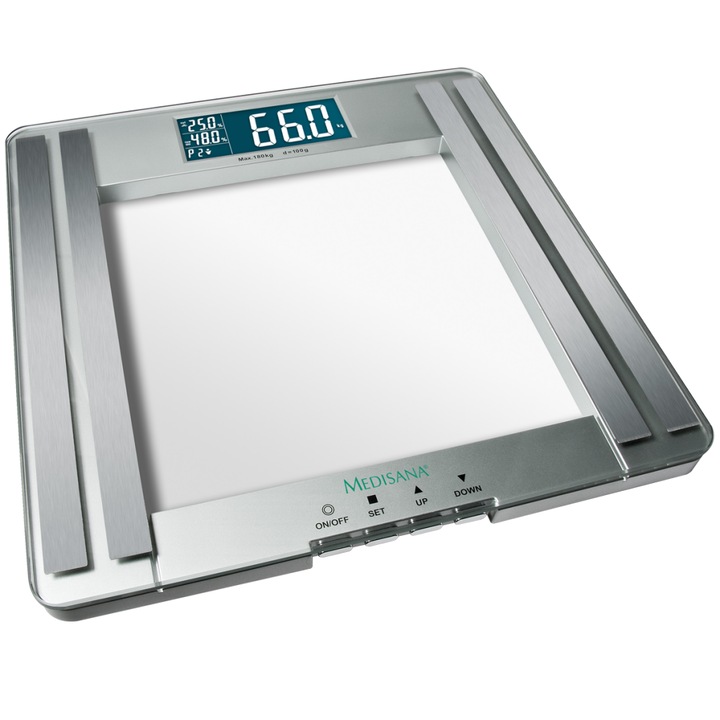 Cantar electronic cu analizator corporal Medisana PSM, 180 kg, 10 memorii, Argintiu