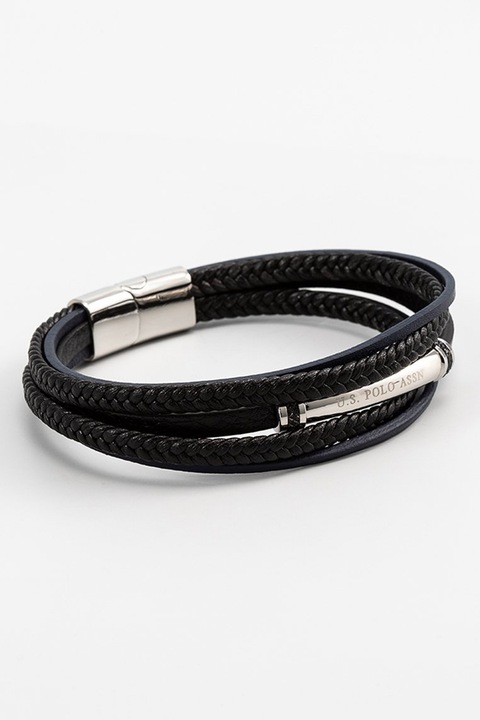 U.S. Polo Assn., Fonott hatású bőr karkötő fémrészletekkel, Fekete