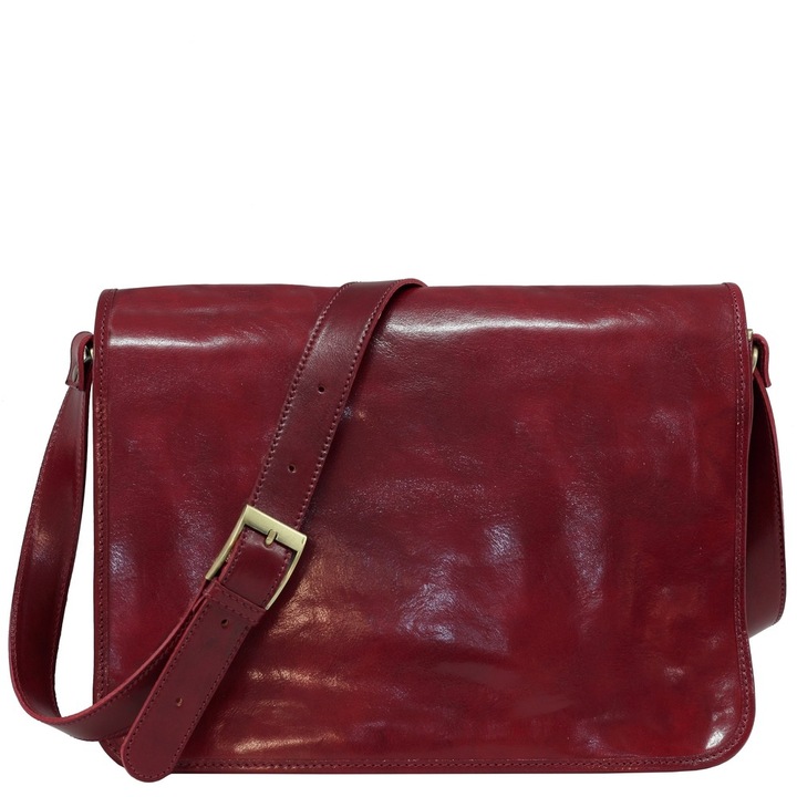 Geanta Messenger din piele naturala vachetta, port laptop 15”, rosu, tinuta soft, L5561C