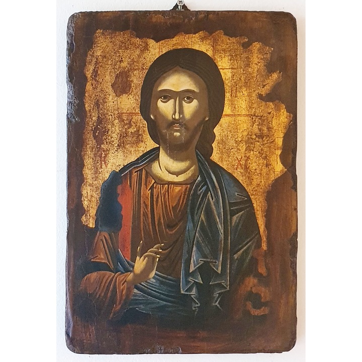 Különleges bizánci ikon fára festve Jézus Krisztussal 2, Opait kézműves, 14X10cm