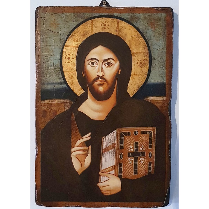 Különleges bizánci ikon fára festve Jézus Krisztussal 7, Opait kézműves, 44X32cm
