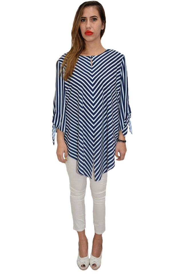 Bluza lejera asimetrica, model in dungi, D&J Exclusive, Alb/Bleumarin