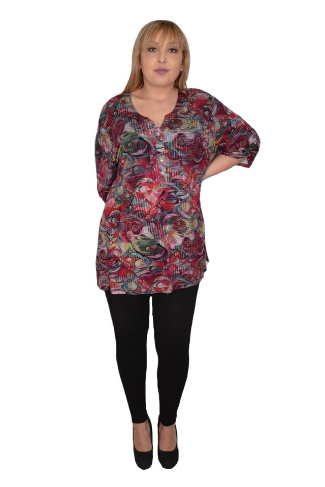 Bluza lejera de zi, model multicolor abstract cu nasturi, D&J Exclusive, Rosu