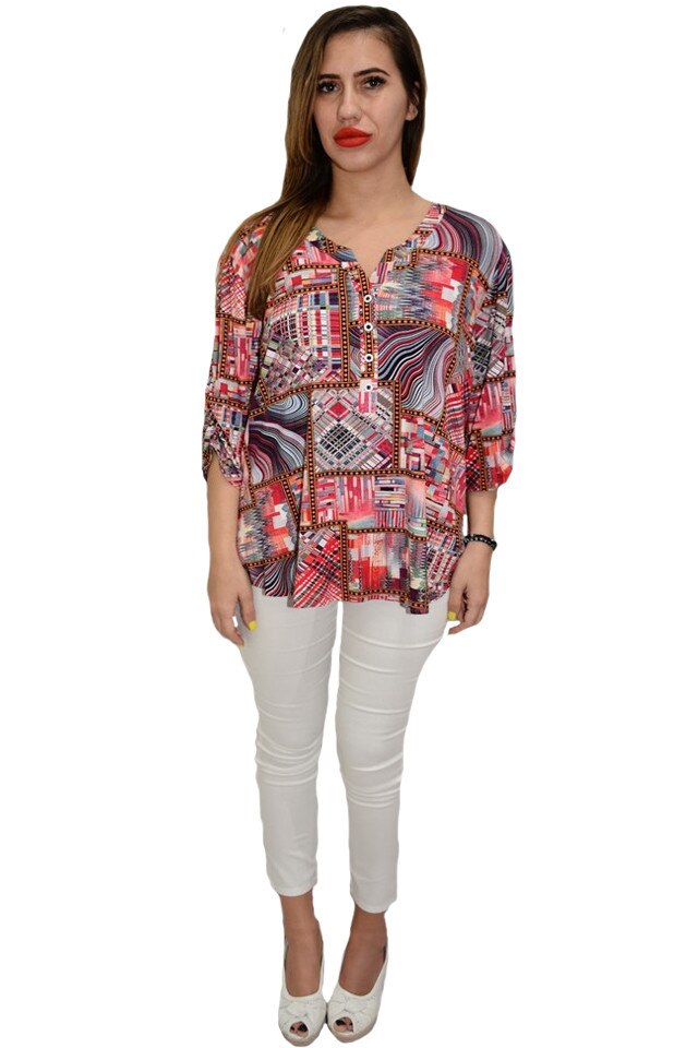 Bluza lejera de zi, model multicolor divers cu nasturi, D&J Exclusive, Rosu