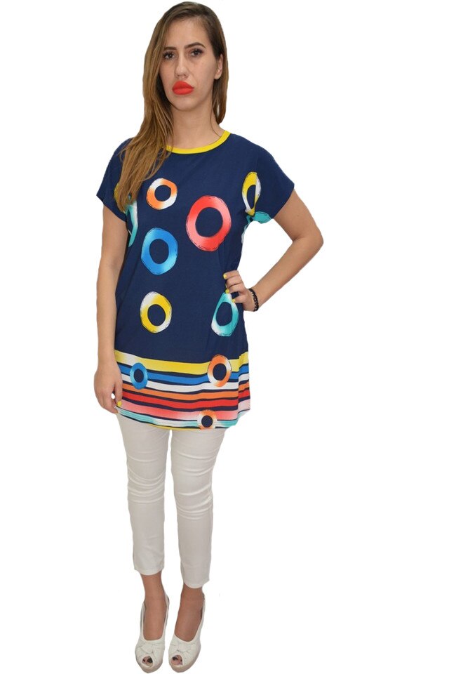 Bluza lejera de zi, cu imprimeu de cercuri multicolor, D&J Exclusive, Bleumarin