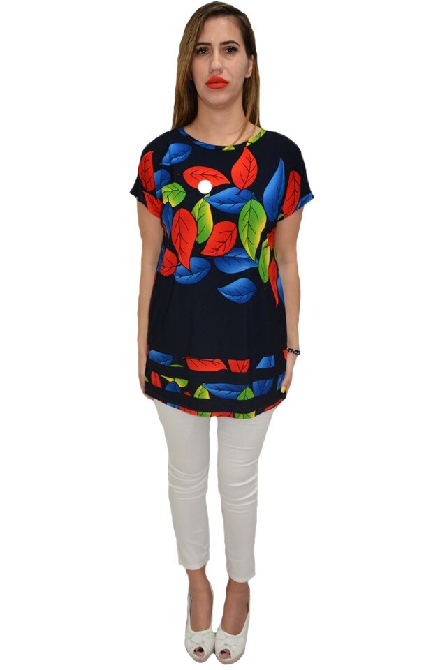 Bluza casual, cu imprimeu de frunze multicolor, D&J Exclusive, Bleumarin