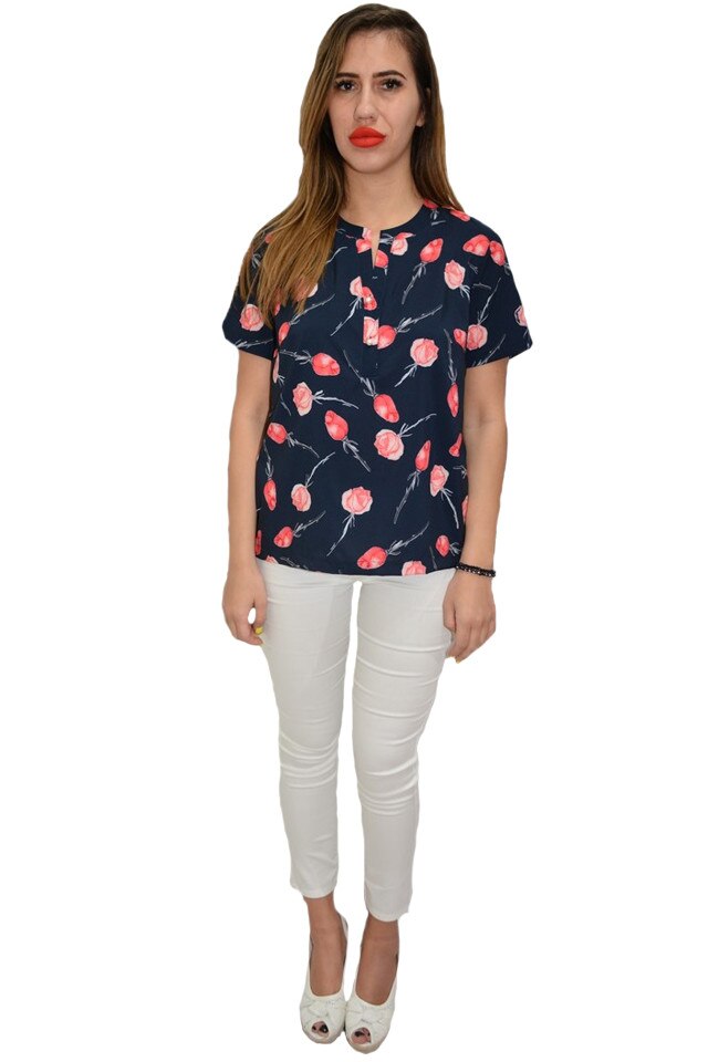 Bluza Gabriela, cu desIgn flori roz, D&J Exclusive, Albastru marin