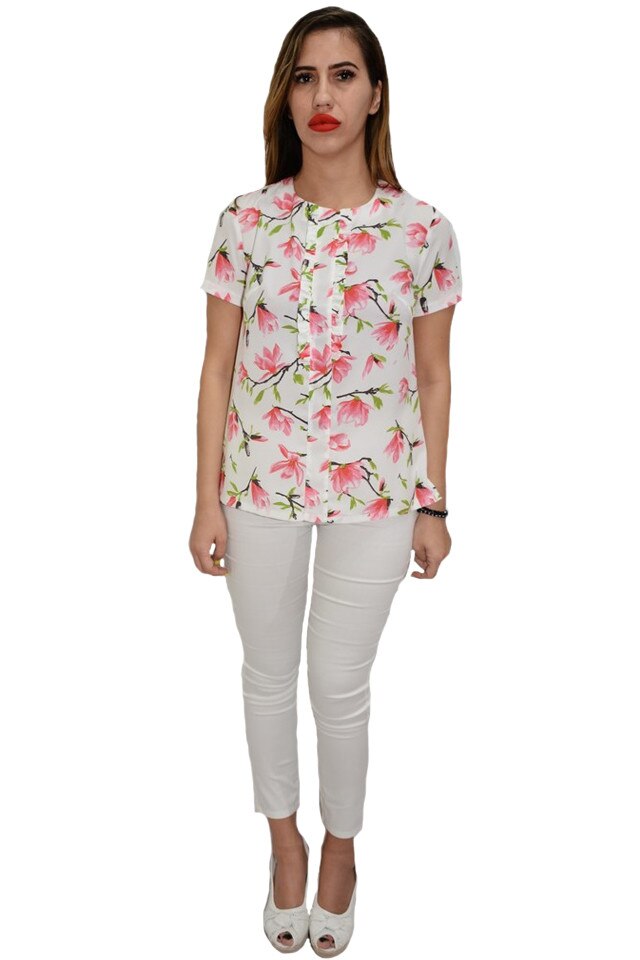 Bluza Gabriela, cu desIgn de flori roz, D&J Exclusive, Alb