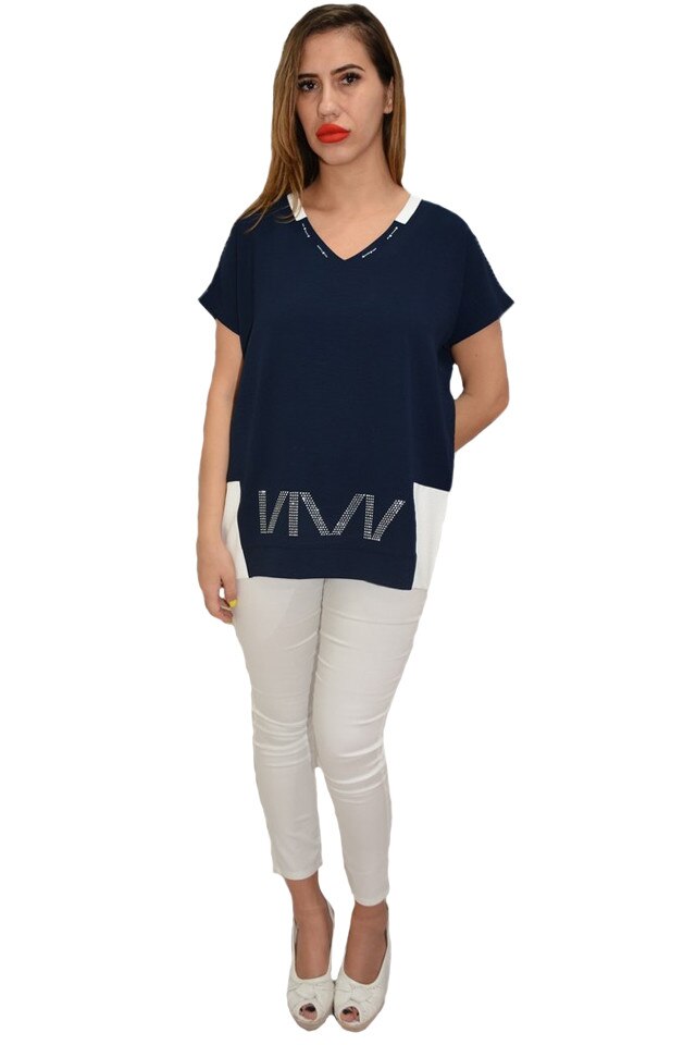 Bluza dama, casual, model abstract auriu, D&J Exclusive, Bleumarin