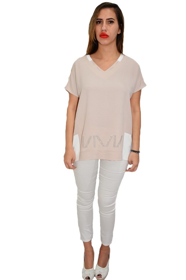 Bluza casual, imprimeu cu strasuri la gat si in partea de jos, D&J Exclusive, Bej