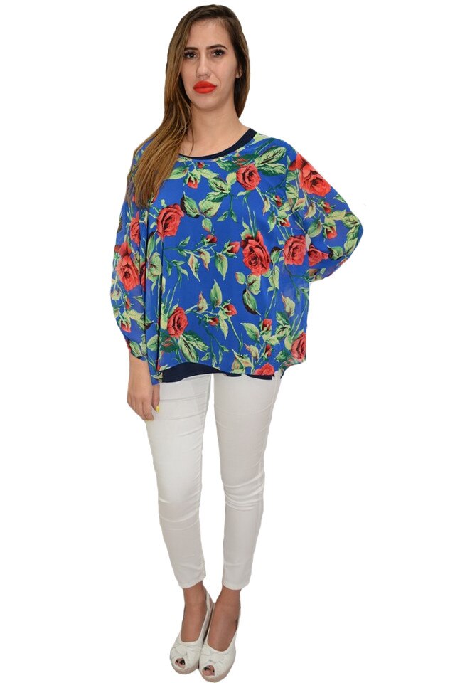 Bluza dama, din voal, cu design floral, D&J Exclusive, Albastru