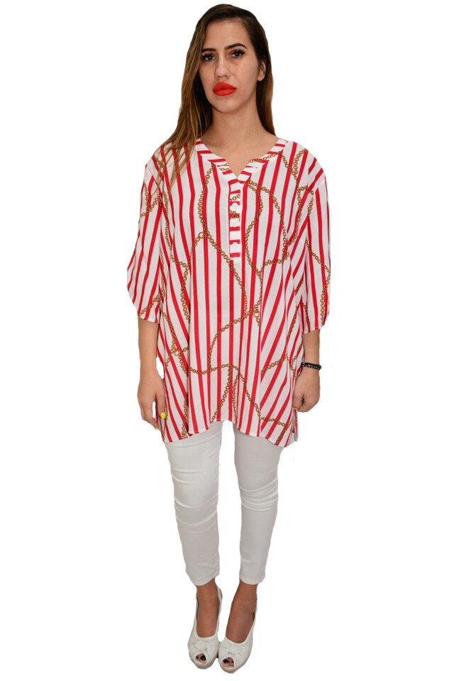 Bluza dama, casual, model cu dungi rosii, D&J Exclusive, Alb