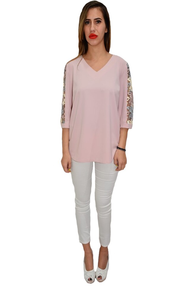 Bluza dama, eleganta, model de dantela la maneci, D&J Exclusive, Roz