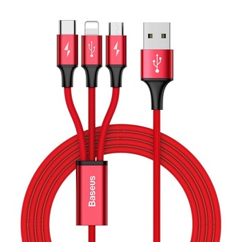 Cablu de date 3in1 Baseus Rapid, Lightning, USB-C si MicroUSB, Fast Charge (3,0A), 1,2 M, Rosu Cablu de date 3in1 Baseus Rapid, Lightning, USB-C si MicroUSB, Fast Charge (3,0A), 1,2 M, Rosu