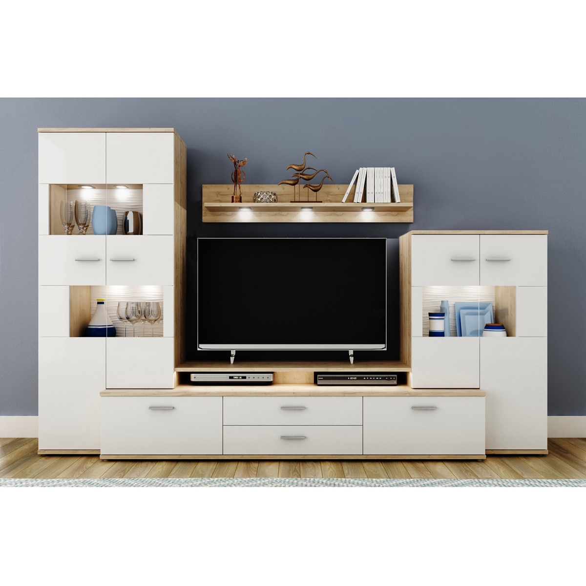Living Genarom Esprit I A9ESA0VA01 Alb Lucios/Stejar Grandson Deschis, 300 x 191,5 x 46,5 cm