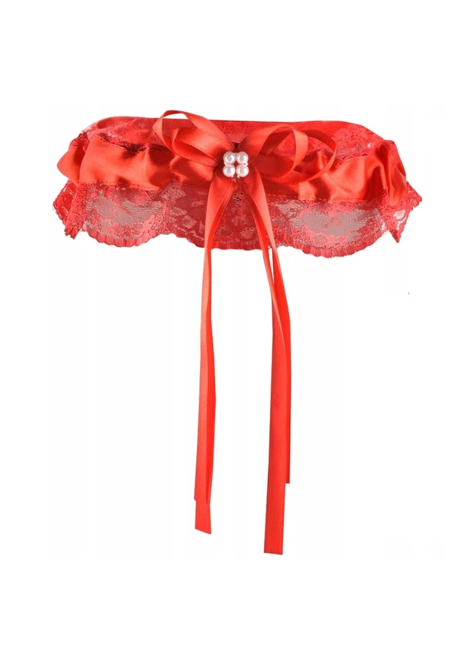 Jartiera elastica din dantela cu accesoriu Perle si Fonta culoare Rosu