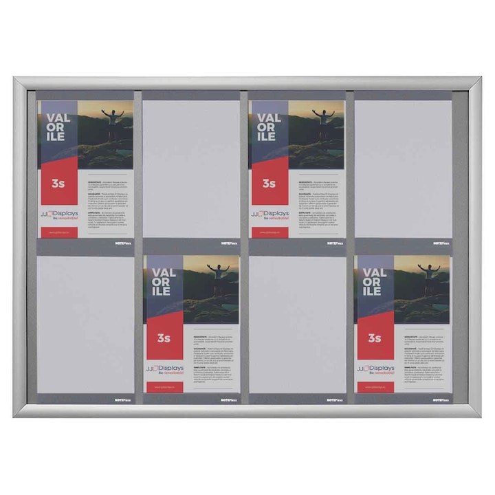 Avizier JJ DISPLAYS cu Nano Display 8 x A4 portrait, rama click din aluminiu 700 x 1000mm