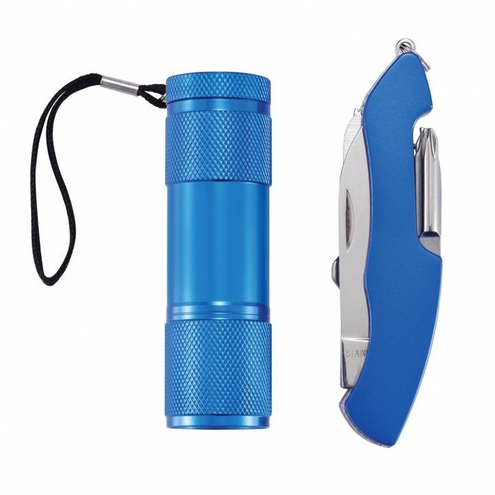 Set briceag 13 functii si lanterna, Everestus, OR, otel inoxidabil, aluminiu, albastru, saculet de calatorie inclus