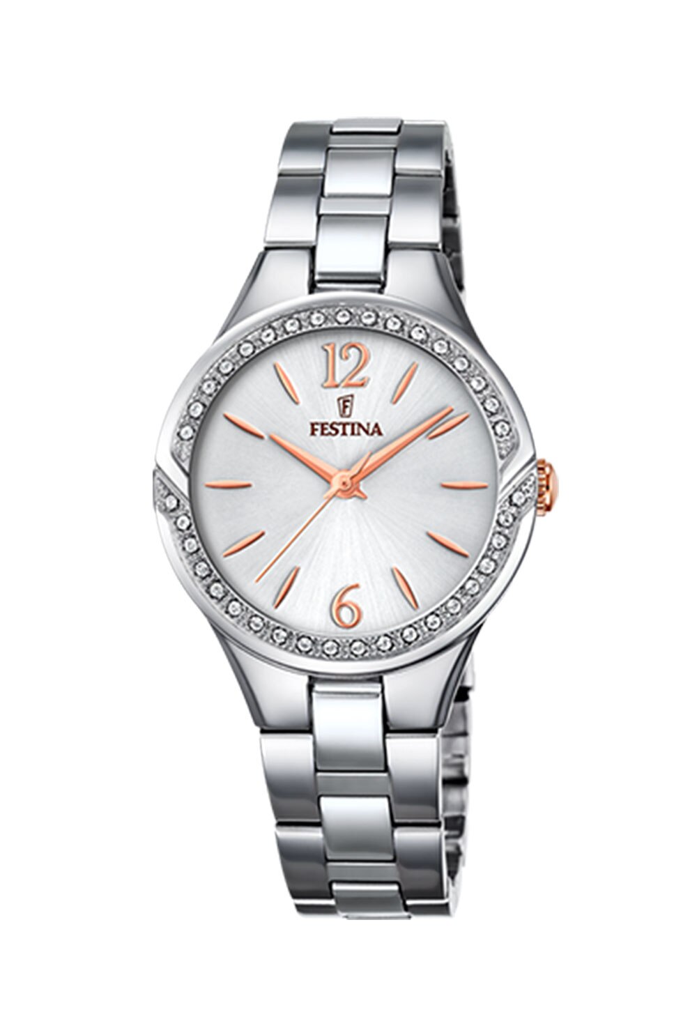 Festina, Ceas din otel inoxidabil cu coroana decorata cu cristale, Argintiu
