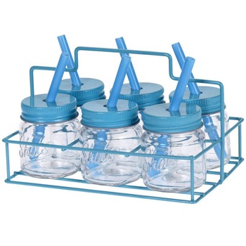 Set 6 borcane cu paie pentru bauturi EH Excellent Houseware, Sticla, 550 ml, Transparent/Albastru Set 6 borcane cu paie pentru bauturi EH Excellent Houseware, Sticla, 550 ml, Transparent/Albastru