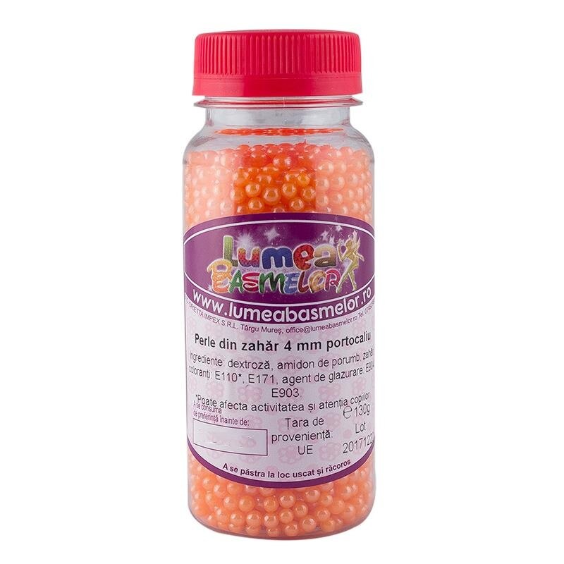 Perle din zahar portocaliu, 4mm, 130g - Lumea Basmelor