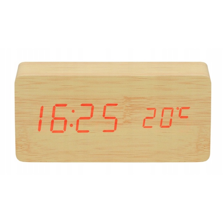 Ceas digital din MDF si PVC cu senzor sunet alarma afisaj LCD ora data si temperatura + cablu USB