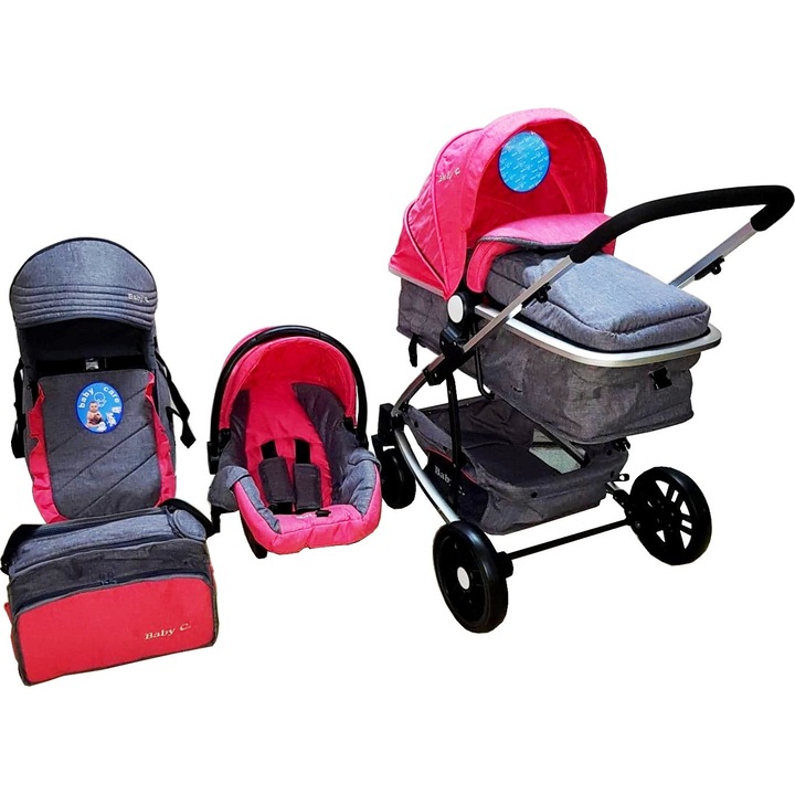 Количка за новородено 3 в 1 Baby Care™ PRO YK, Алуминиева рамка, Количка и бебешка чанта, Столче за кола, 3-степенна регулируема облегалка, Розова