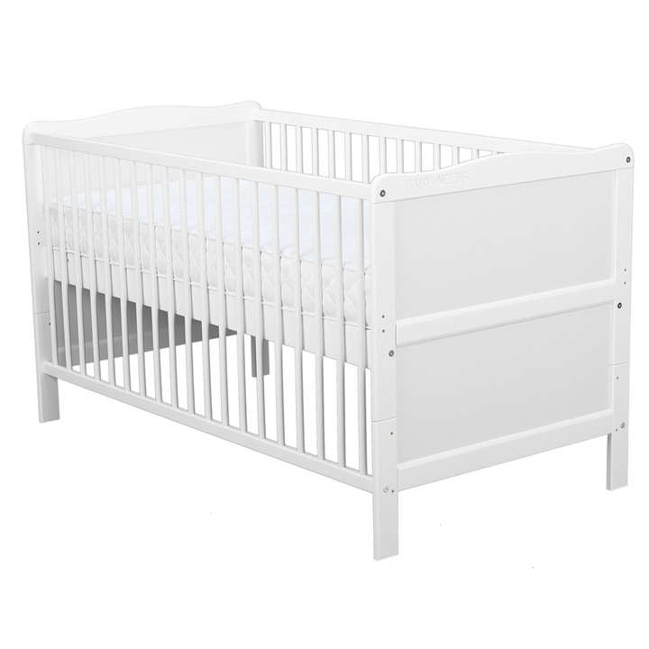 Patut din lemn bebe, Transformabil si pentru junior, 140x70 cm, Din lemn de pin si mdf, Stabil si rezistent, Inaltime saltea reglabila pe 3 nivele, EN716-1, EN716-2, Alb, Babyneeds, Nadia + Saltea 12 cm