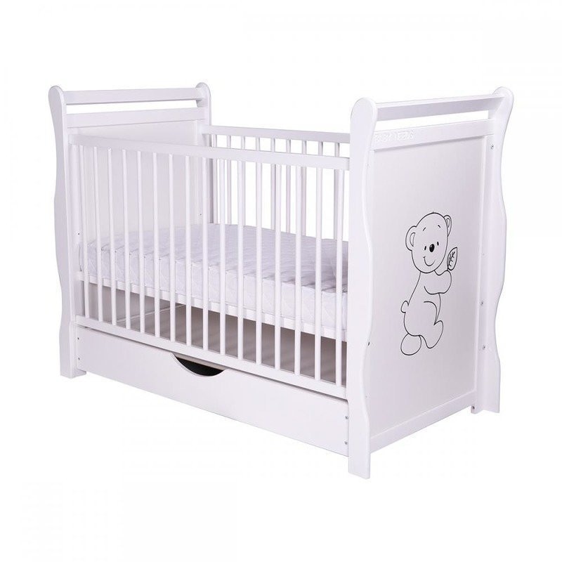 Patut din lemn BabyNeeds - Jas Ursulet 120x60 cm, cu sertar, Alb + Saltea 12 cm