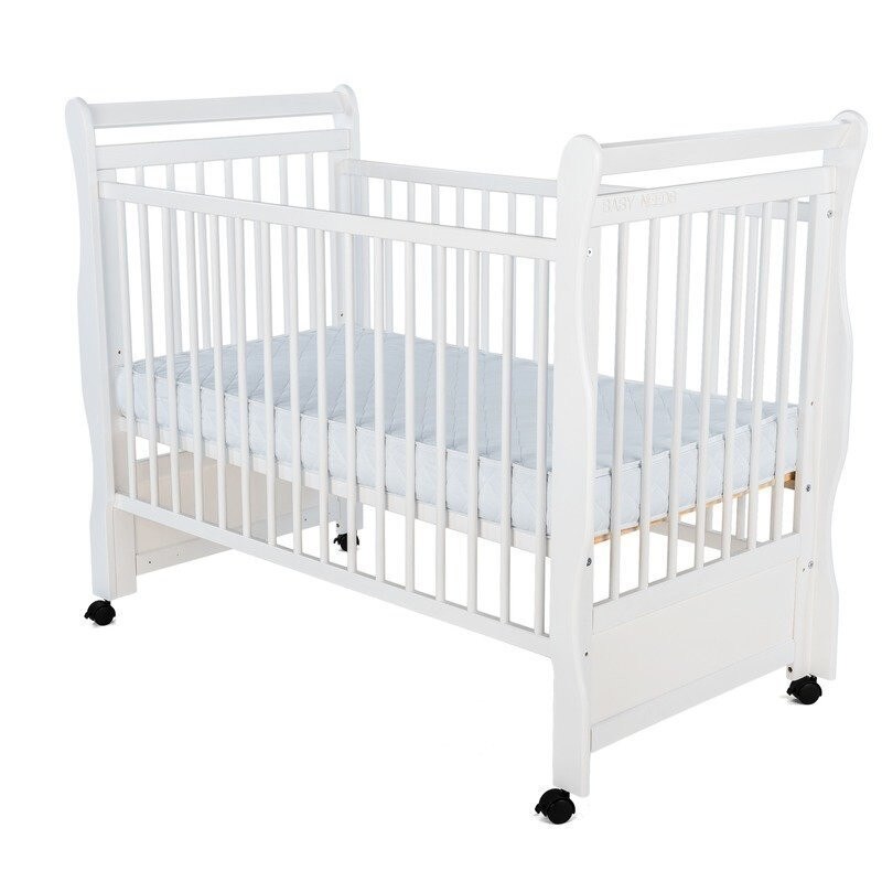 Patut din lemn BabyNeeds - Jas 120x60 cm, Alb + Saltea 12 cm
