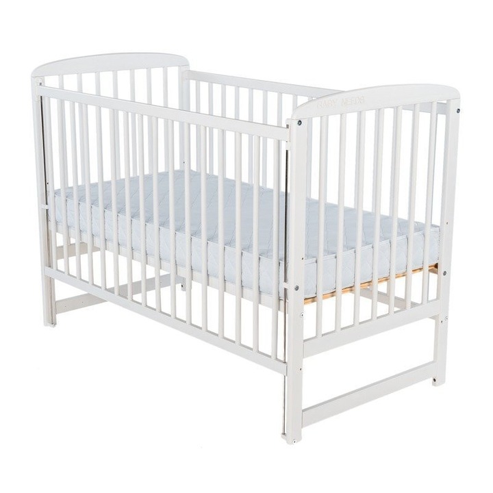 BabyNeeds Gyerek Kiságy, 120 x 60 cm, Csúsztatható oldallal, Fehér, 8 cm vastag Matraccal