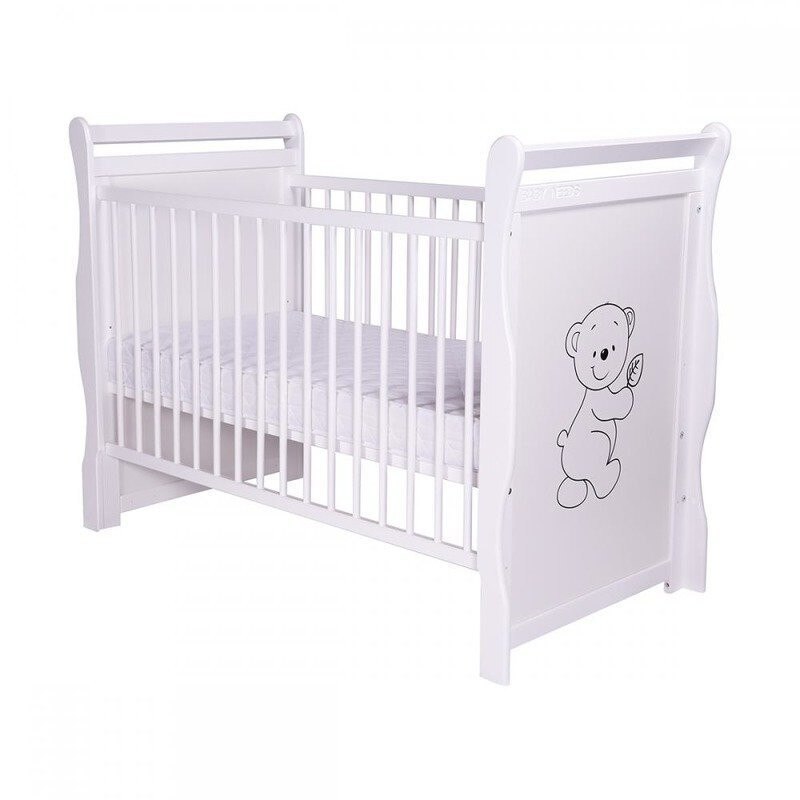 Patut din lemn, BabyNeeds, Jas Ursulet, 120x60 cm, Alb + Saltea 8 cm