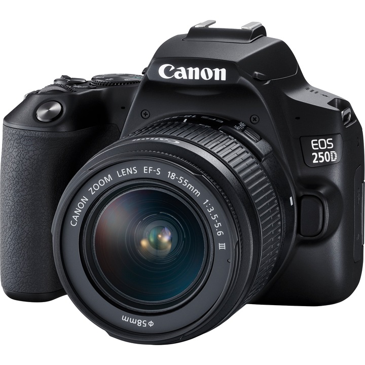 Aparat foto DSLR Canon EOS 250D, 24.1 MP, Wi-Fi, 4K, Negru + Obiectiv EF-S 18-55mm, f/3.5-5.6 III