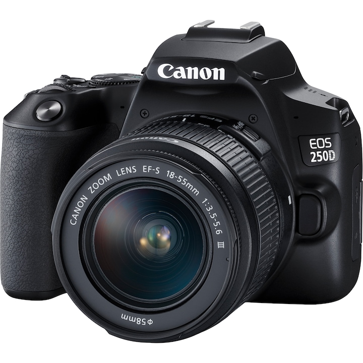 Фотоапарат DSLR Canon EOS 250D, 24.1 MP, Wi-Fi, 4K, Черен + Обектив EF-S 18-55 мм, f/3.5-5.6 III