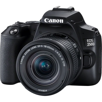 Aparat foto DSLR Canon EOS 250D, 24.1 MP, Wi-Fi, 4K, Negru + Obiectiv EF-S 18-55mm, f/4-5.6 IS STM Aparat foto DSLR Canon EOS 250D, 24.1 MP, Wi-Fi, 4K, Negru + Obiectiv EF-S 18-55mm, f/4-5.6 IS STM