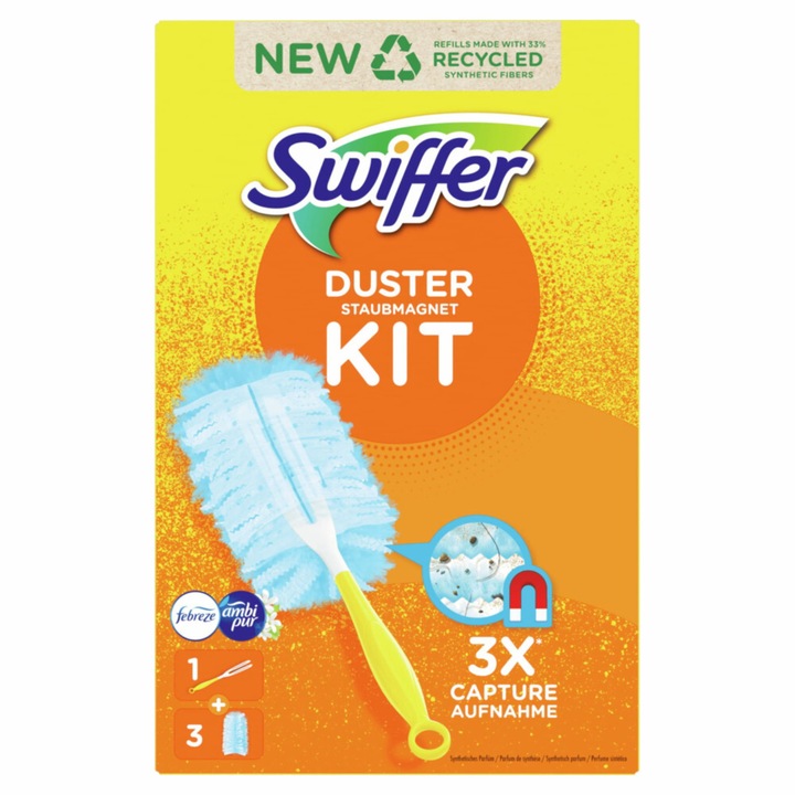 Set pamatuf pentru curatarea prafului​​​​​​​ Swiffer Duster Kit, 1 maner scurt si 3 rezerve cu parfum Febreze